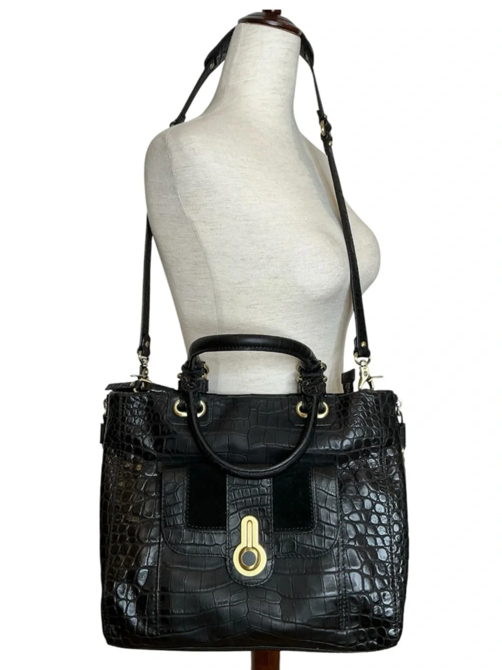 Rafe New York Black Croc-Embossed Leather Tote with Gold Hardware